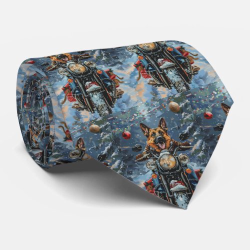 German Shepherd Dog Riding Motorcycle Christmas Neck Tie