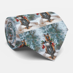 German Shepherd Dog Riding Motorcycle Christmas Neck Tie