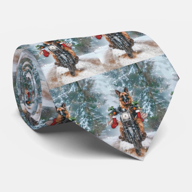 German Shepherd Dog Riding Motorcycle Christmas  Neck Tie (Rolled)