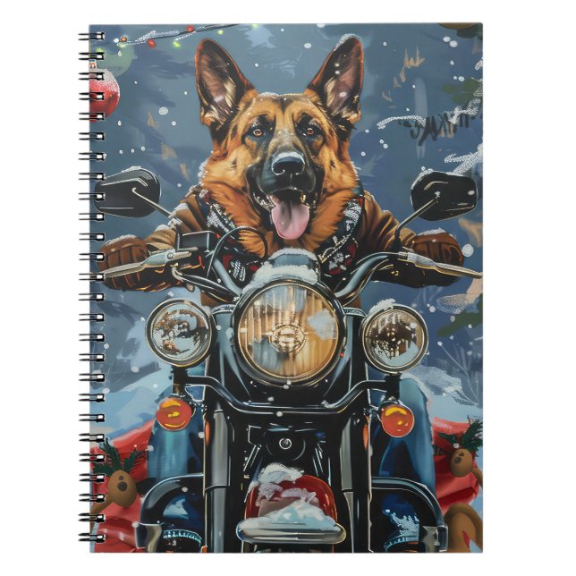 German Shepherd Dog Riding Motorcycle Christmas Notebook (Front)
