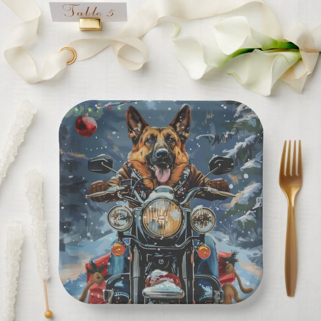German Shepherd Dog Riding Motorcycle Christmas Paper Plates (Wedding)