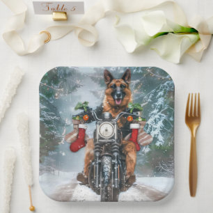 German Shepherd Dog Riding Motorcycle Christmas Paper Plates