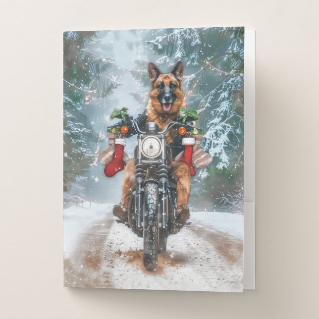 German Shepherd Dog Riding Motorcycle Christmas  Pocket Folder (Front)
