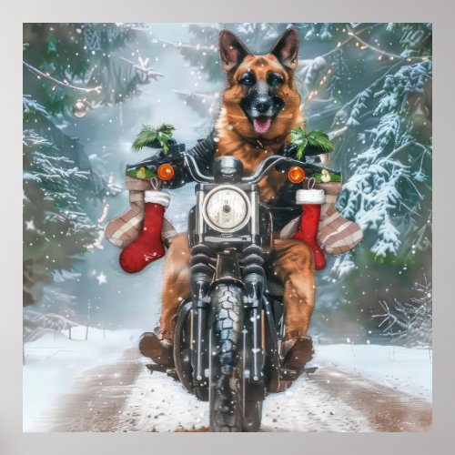 German Shepherd Dog Riding Motorcycle Christmas  Poster