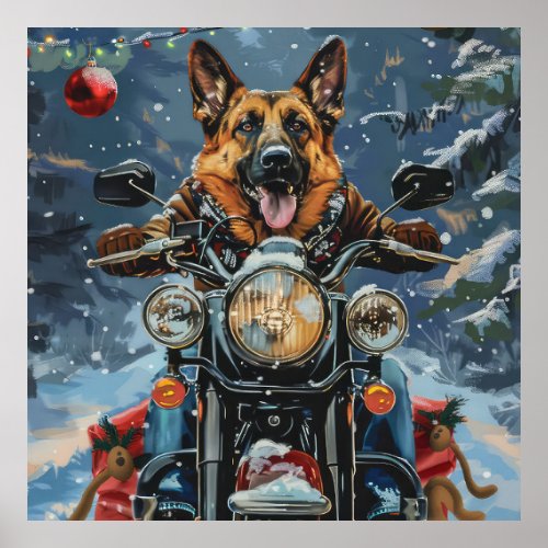 German Shepherd Dog Riding Motorcycle Christmas Poster