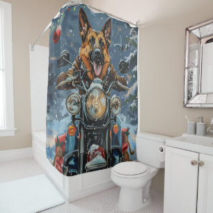 German Shepherd Dog Riding Motorcycle Christmas Shower Curtain