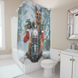German Shepherd Dog Riding Motorcycle Christmas Shower Curtain