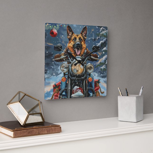 German Shepherd Dog Riding Motorcycle Christmas Square Wall Clock (Office)