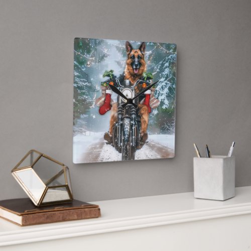 German Shepherd Dog Riding Motorcycle Christmas  Square Wall Clock