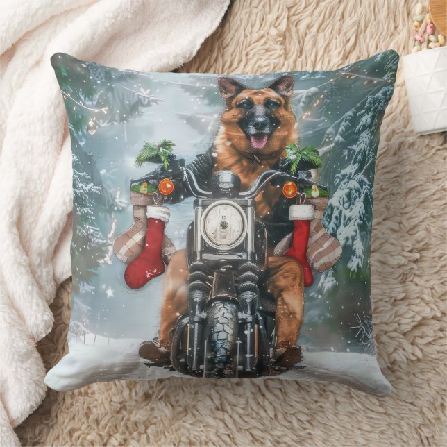 German Shepherd Dog Riding Motorcycle Christmas  Throw Pillow (Blanket)