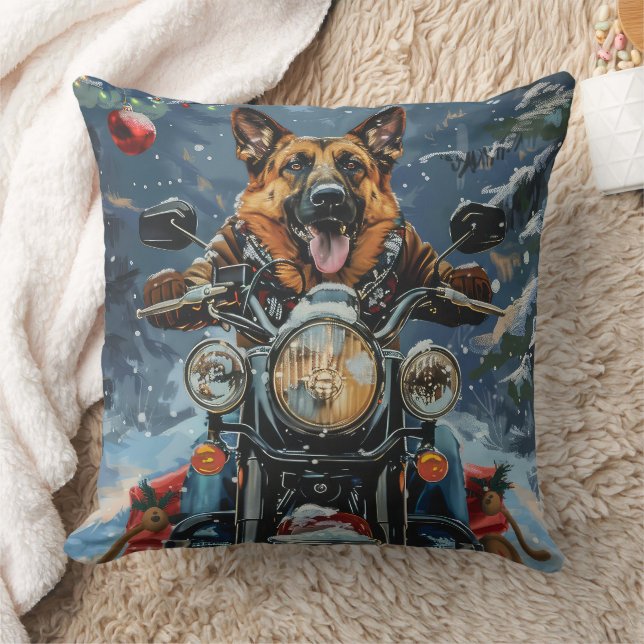 German Shepherd Dog Riding Motorcycle Christmas Throw Pillow (Blanket)