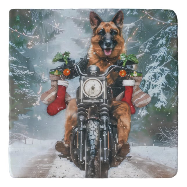 German Shepherd Dog Riding Motorcycle Christmas  Trivet (Front)