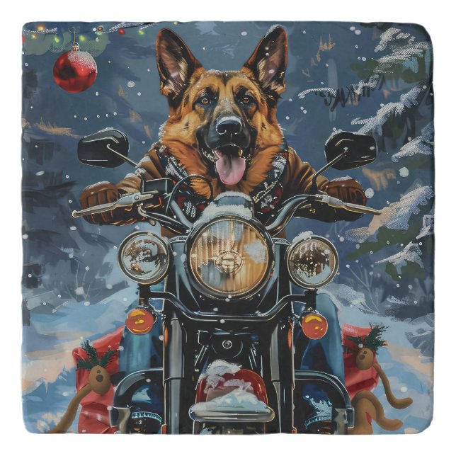 German Shepherd Dog Riding Motorcycle Christmas Trivet (Front)