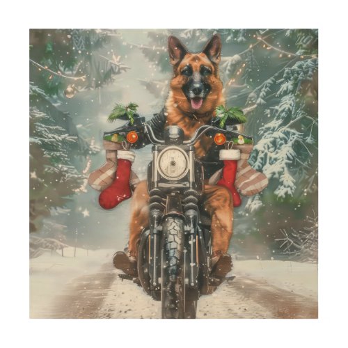 German Shepherd Dog Riding Motorcycle Christmas  Wood Wall Art