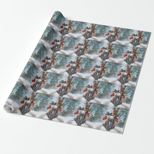 German Shepherd Dog Riding Motorcycle Christmas  Wrapping Paper (Unrolled)