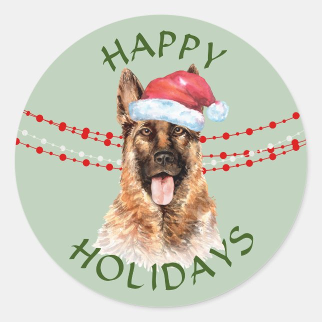 German Shepherd Dog Santa Hat Happy Holidays Classic Round Sticker (Front)