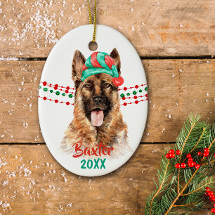 German Shepherd Dog Santa Hat Holiday String Beads Ceramic Ornament