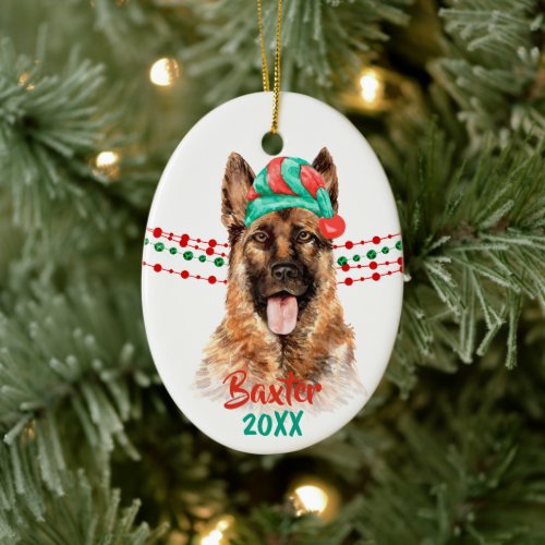 German Shepherd Dog Santa Hat Holiday String Beads Ceramic Ornament