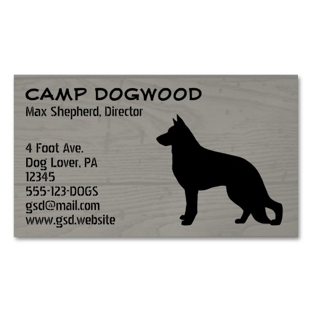 German Shepherd Dog Silhouette Faux Wood Style Business Card Magnet (Front)