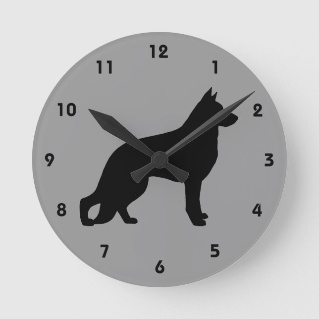 German Shepherd Dog Silhouette GSD Black and Grey Round Clock (Front)