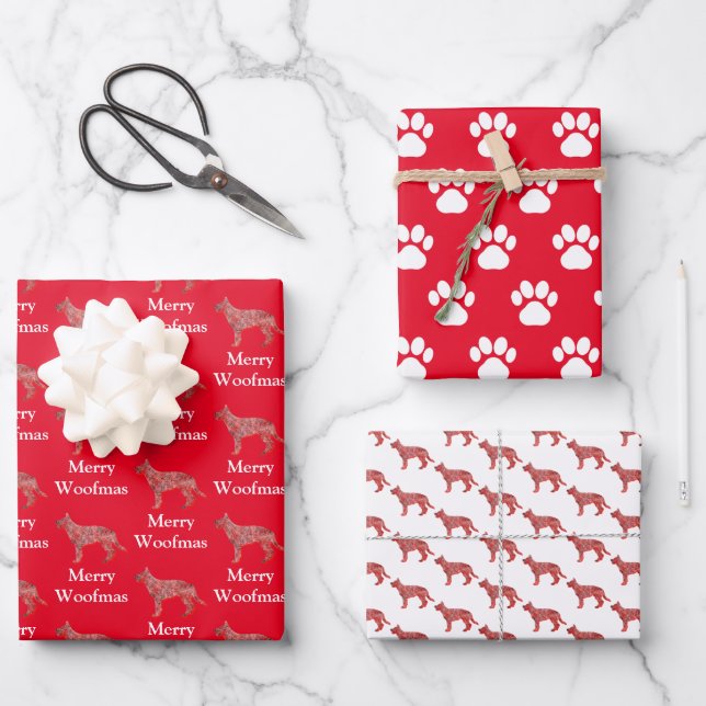 German Shepherd Dog Silhouette Red Merry Woofmas Wrapping Paper Sheets (Front)