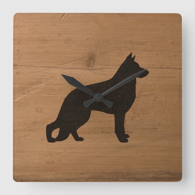German Shepherd Dog Silhouette Rustic Style GSD K9 Square Wall Clock (Front)