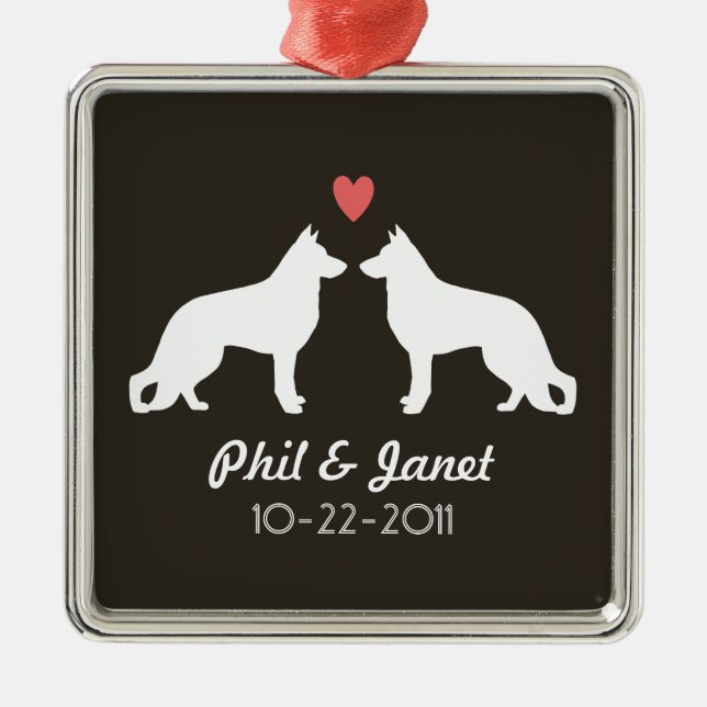 German Shepherd Dog Silhouettes Couple Custom Metal Ornament (Front)