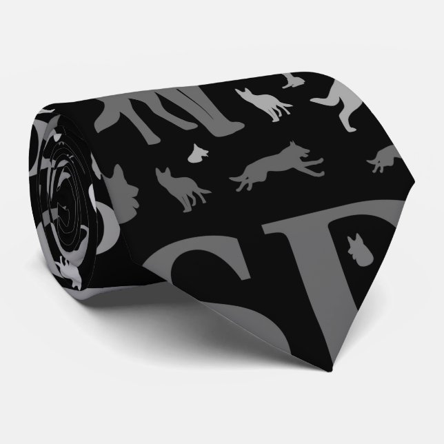 German Shepherd Dog Silhouettes -Grayscale Neck Tie (Rolled)