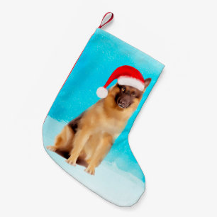 German Shepherd Dog Sitting In Snow Santa Hat Small Christmas Stocking