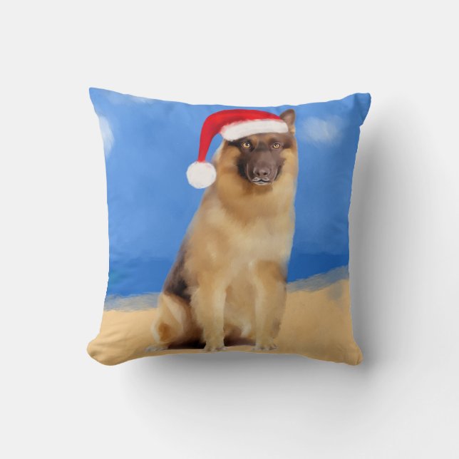 German Shepherd Dog Sitting On Beach Santa Hat Throw Pillow (Front)