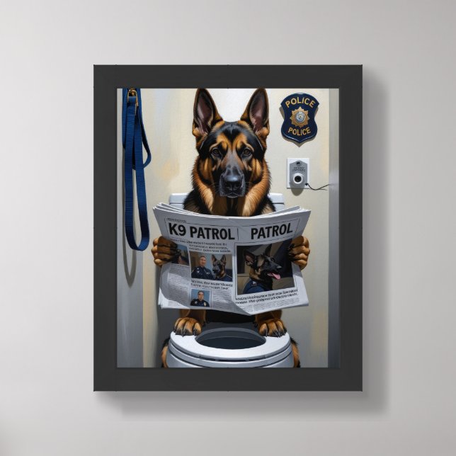 German Shepherd Dog Sitting On Toilet Funny  Framed Art (Framed Front)