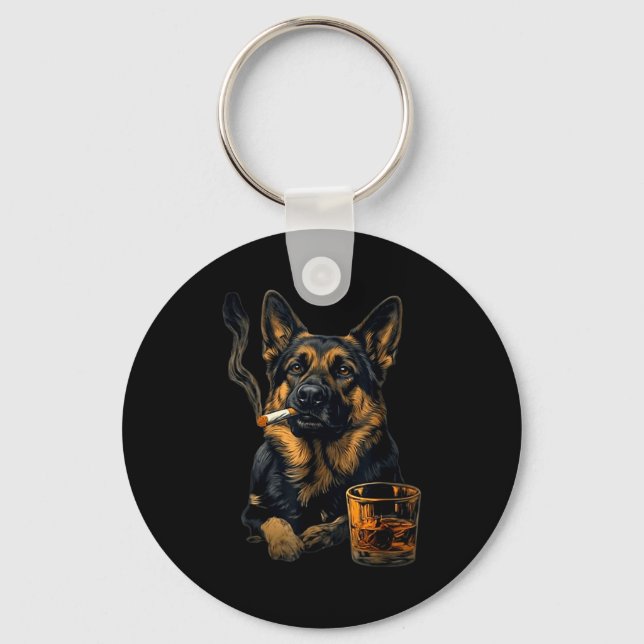 German Shepherd Dog Smoking Cigarette Whisky Lover Keychain (Front)