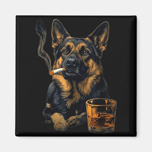 German Shepherd Dog Smoking Cigarette Whisky Lover Magnet (Front)