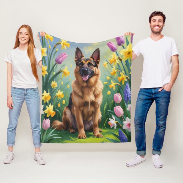 German Shepherd Dog Spring Flowers Painting  Fleece Blanket (In Situ)