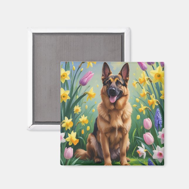 German Shepherd Dog Spring Flowers Painting  Magnet (Front/Back)