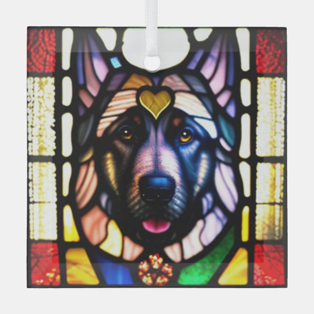 German Shepherd Dog "Stained Glass"  Glass Ornament (Front)