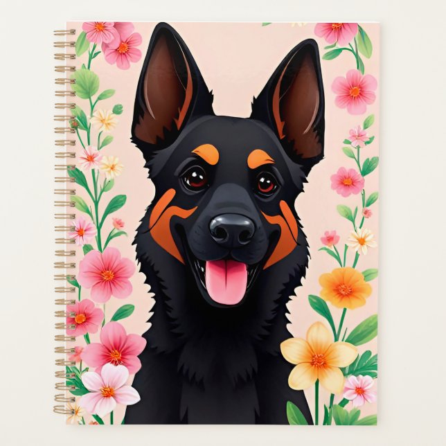German Shepherd dog Surrounded by Vibrant Flowers Planner (Front)