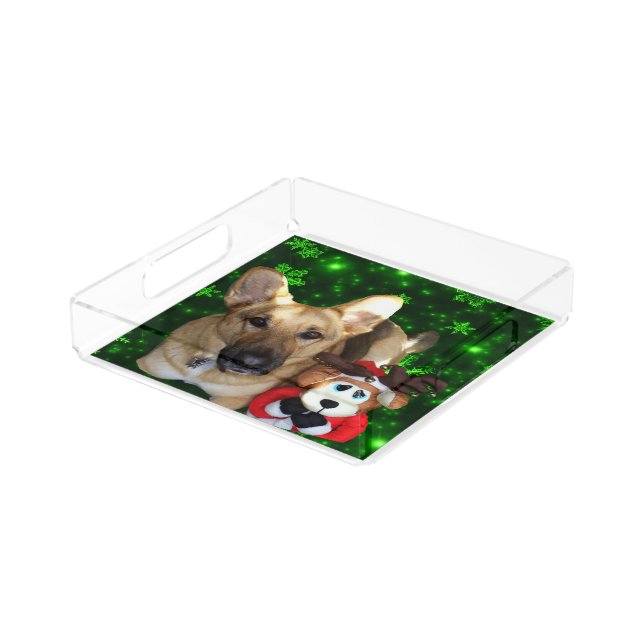 German Shepherd Dog Toy Reindeer Green Snowflakes Acrylic Tray (Angled)