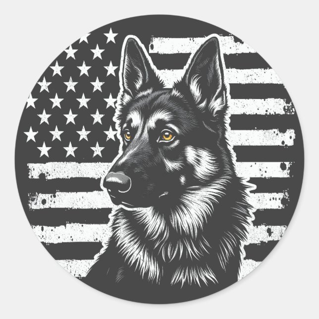 German Shepherd Dog USA American Flag 4th Of July Classic Round Sticker (Front)