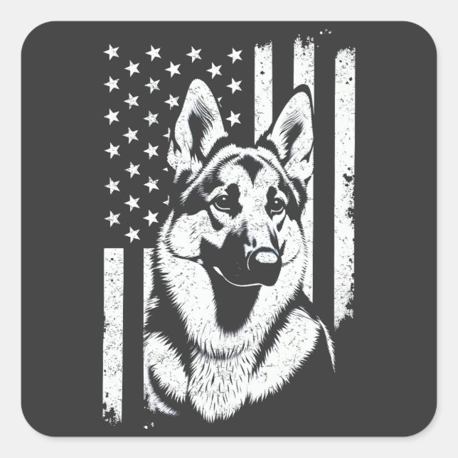 German Shepherd Dog USA American Flag 4th Of July Square Sticker (Front)