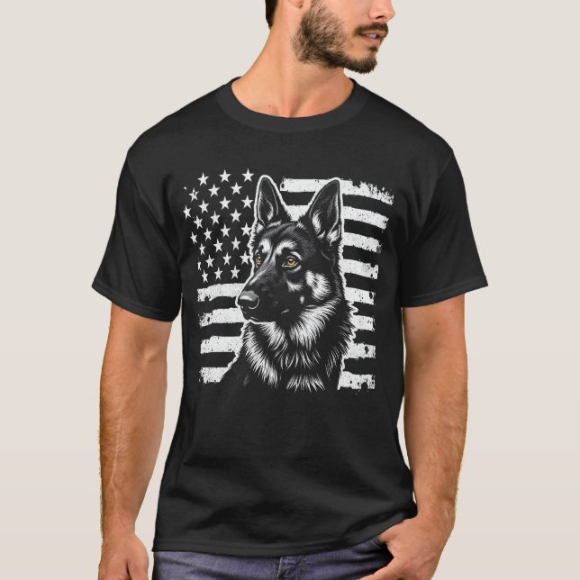German Shepherd Dog USA American Flag 4th Of July T-Shirt (Front)