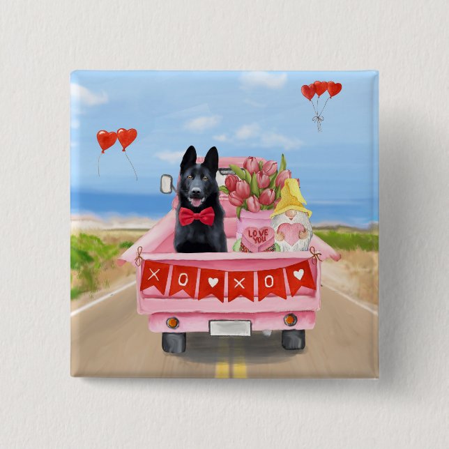 German Shepherd Dog Valentine's Day Truck Hearts Button (Front)