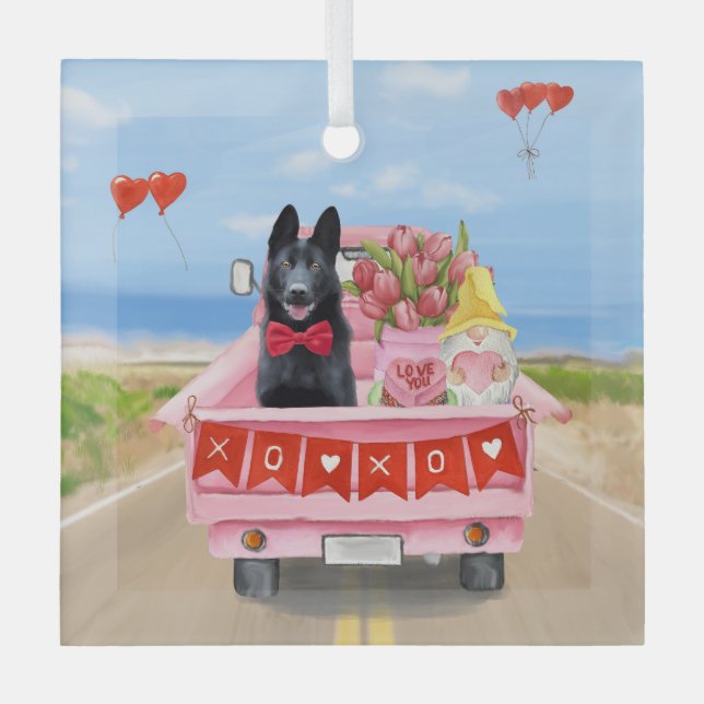 German Shepherd Dog Valentine's Day Truck Hearts Glass Ornament (Front)
