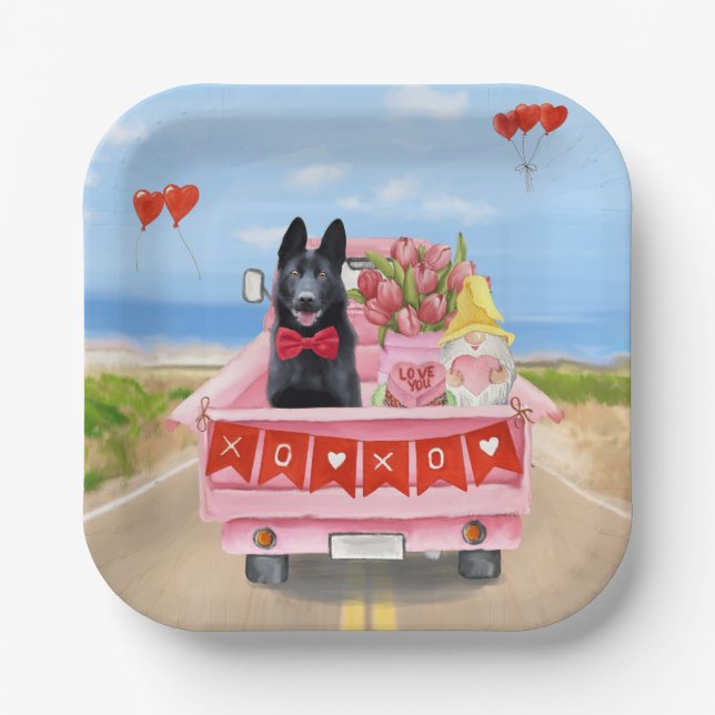 German Shepherd Dog Valentine's Day Truck Hearts Paper Plates (Front)