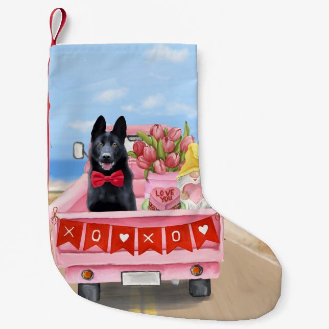 German Shepherd Dog Valentine's Day Truck Hearts Small Christmas Stocking (Front)