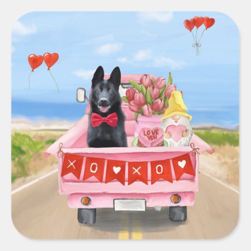 German Shepherd Dog Valentines Day Truck Hearts Square Sticker