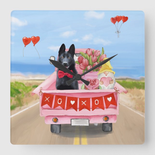 German Shepherd Dog Valentine's Day Truck Hearts Square Wall Clock (Front)