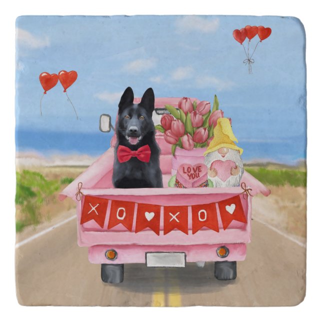 German Shepherd Dog Valentine's Day Truck Hearts Trivet (Front)