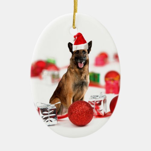 German Shepherd dog w Christmas Gifts Santa Hat Ceramic Ornament