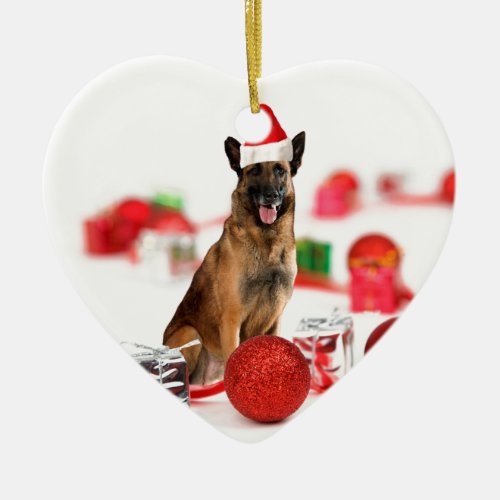 German Shepherd dog w Christmas Gifts Santa Hat Ceramic Ornament